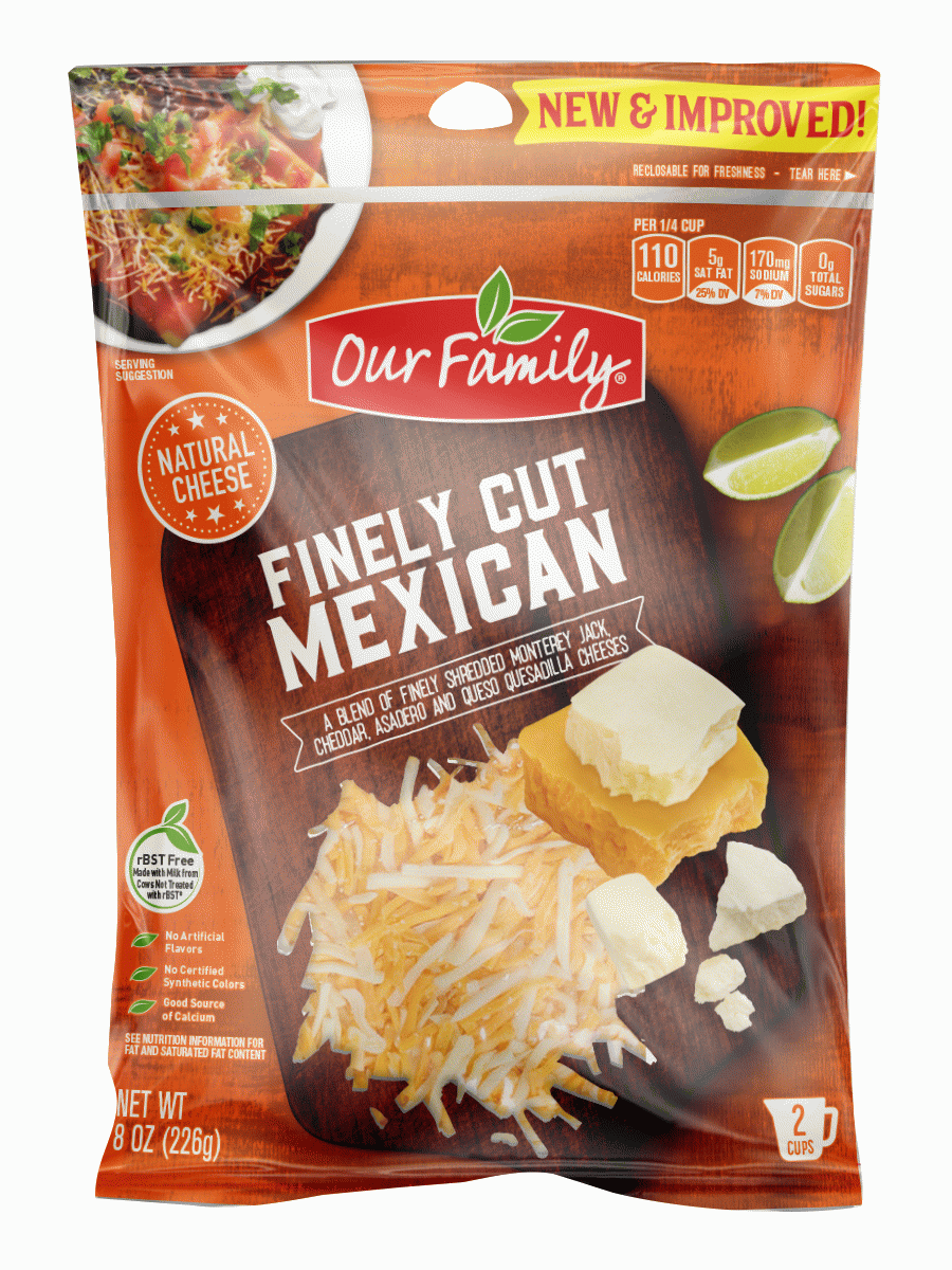 Our Family Fancy Shreds mexican blend shredded monterey jack, cheddar, queso and asadero cheeses Full-Size Picture